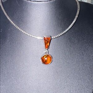 Thick Italian Sterling Silver Necklace w Amber Pendant